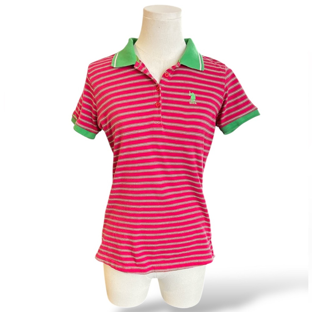 US Polo association Striped Pink‎ and Green Women’s Polo Shirt size L (E25)